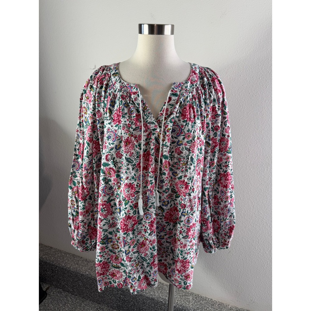 Old Navy Womens XL Floral Peasant Blouse Pink Green Tassel Balloon Sleeve Top